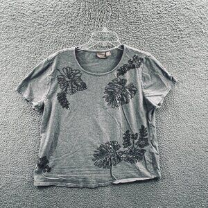 Chicos Women Top 3 Extra Large Gray Floral 100% Cotton Short Sleeve Shirt Sequin